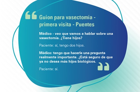 The beginning of a Spanish script for Puentes providers to explain the vasectomy procedure. It asks patients if they already have children and if they want to have additional children. 